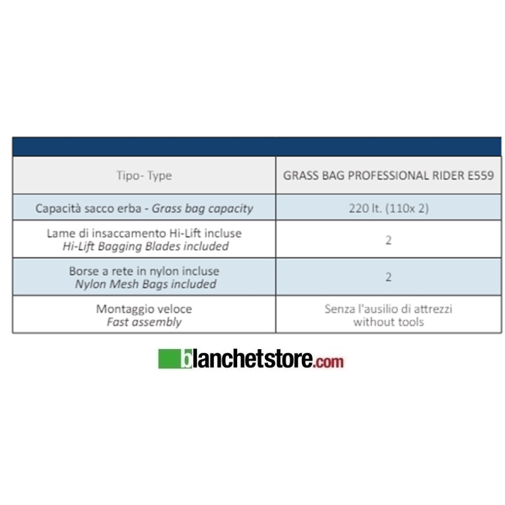 Sacco raccolta GRASS BAG per Trattorino a batteria Sistema Rider E599 professional 56Volt 100A