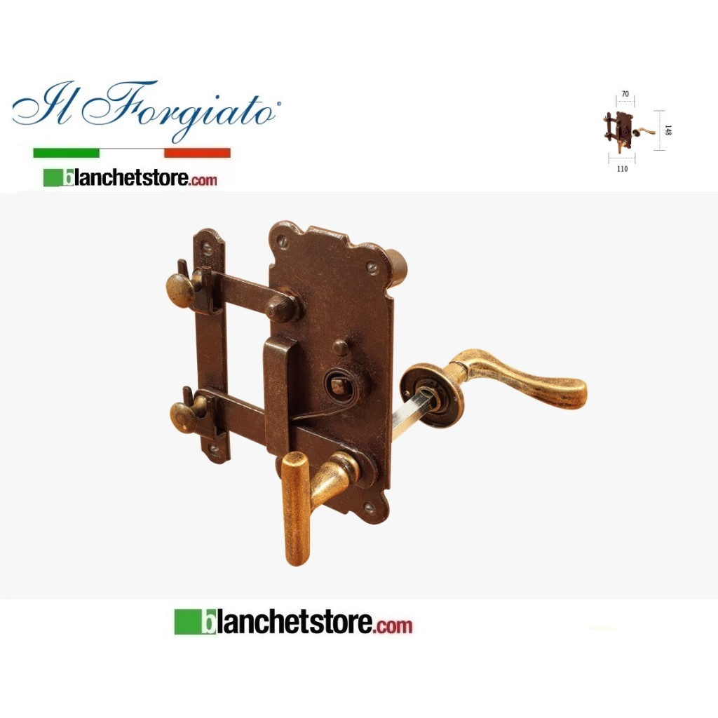 Forged spring lock complete with handle and ratchet in aged brass right FM 250.BIS.DX Rust