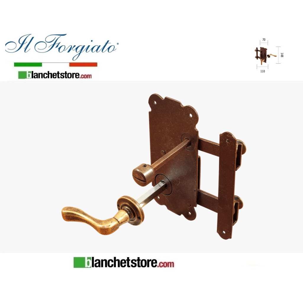 Forged spring lock complete with handle and ratchet in aged brass right FM 250.BIS.DX Rust