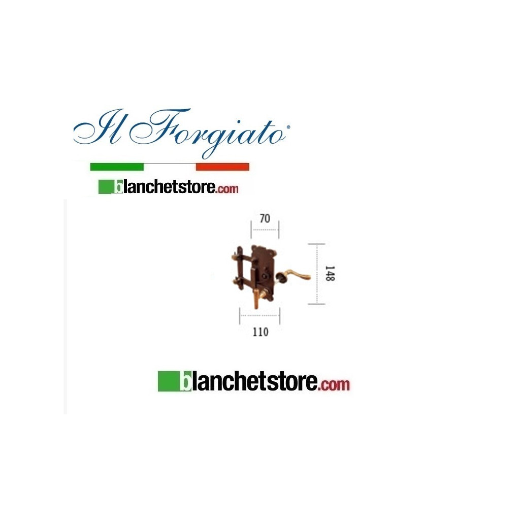 Serrure à ressort forgée complète avec poignée et cliquet en laiton vieilli droit FM 250.BIS.DX Rouille