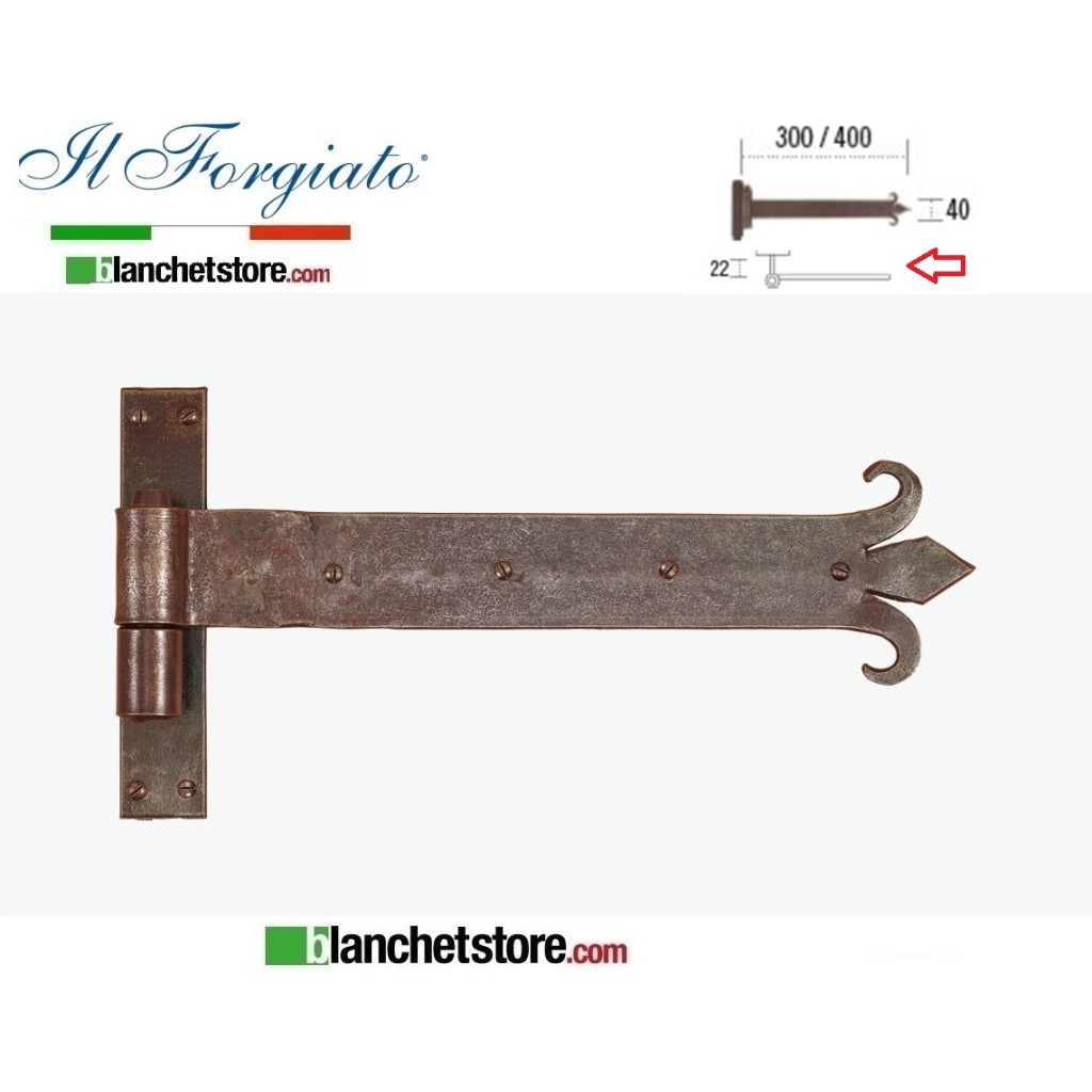 Bandella forgiata a giglio con cardine a legno Il Forgiato invecchiato FF 276.30 Ruggine spina d.14  40x300mm H.22