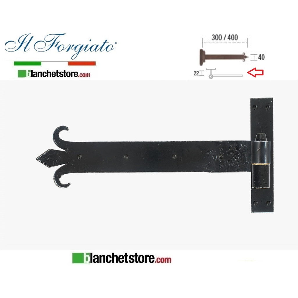 Bandella forgiata a giglio con cardine a legno Il Forgiato invecchiato FF 276.40 Nero spina d.14  40x400mm H.22