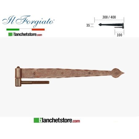 Forged hinge with lanceolate screw La Forgée aged FF 298.30V Rusty pin d.14 35x300mm