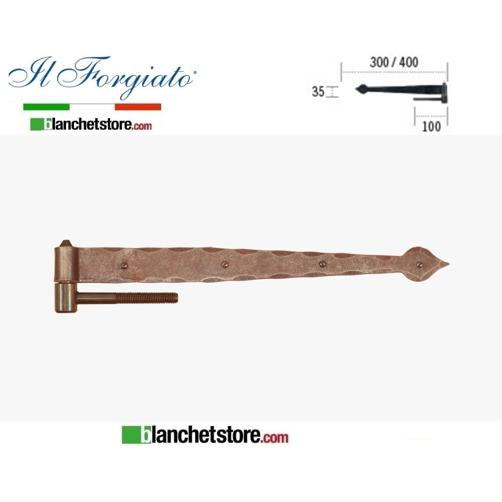 Forged hinge with lanceolate screw La Forgée aged FF 298.30V Rusty pin d.14 35x300mm