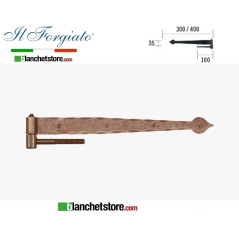 Forged hinge with lanceolate screw La Forgée aged FF 298.40V Rusty pin d.14 35x400mm