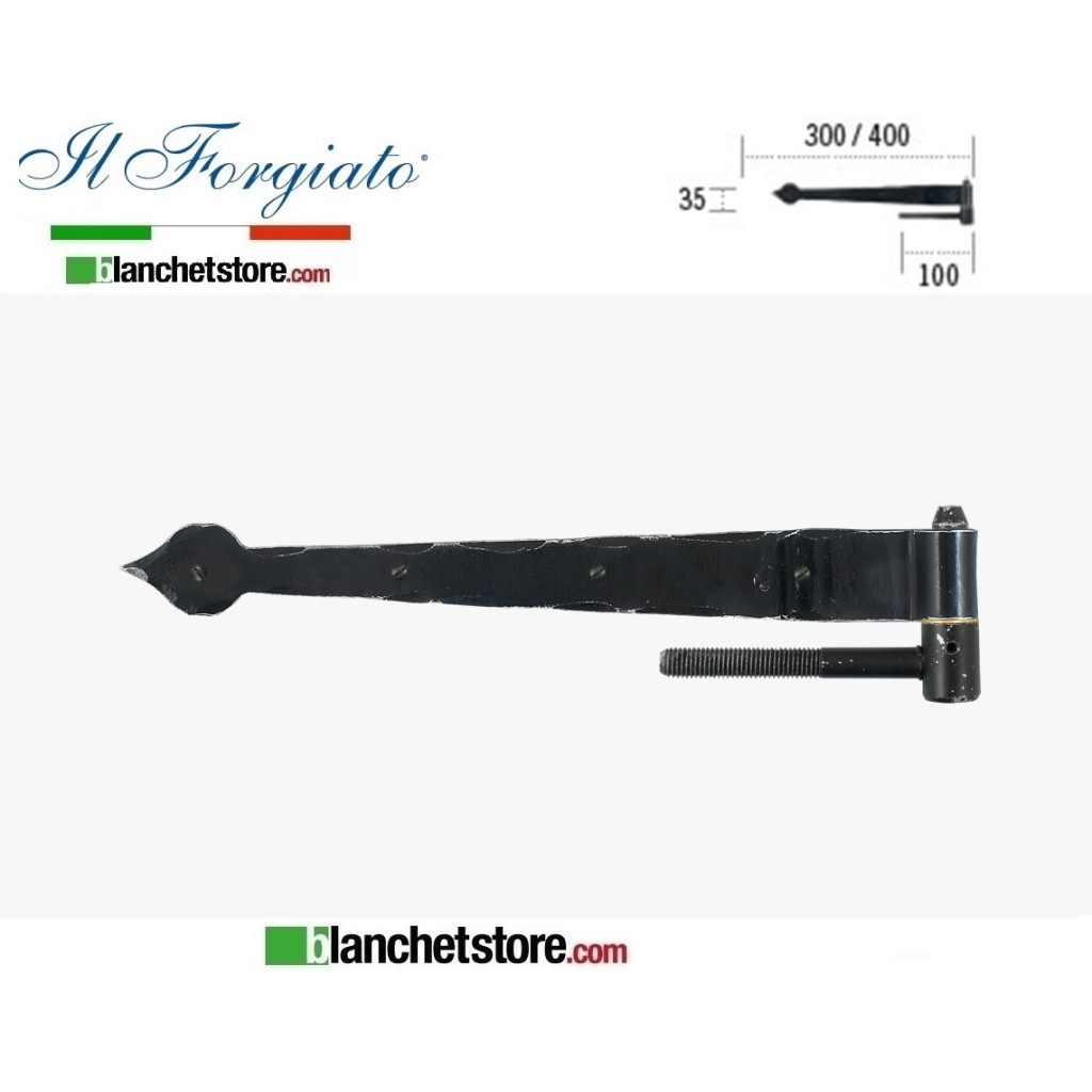 Bandella forgiata lanceolata con cardine a vite Il Forgiato invecchiato FF 298.40V Nera spina d.14  35x400mm