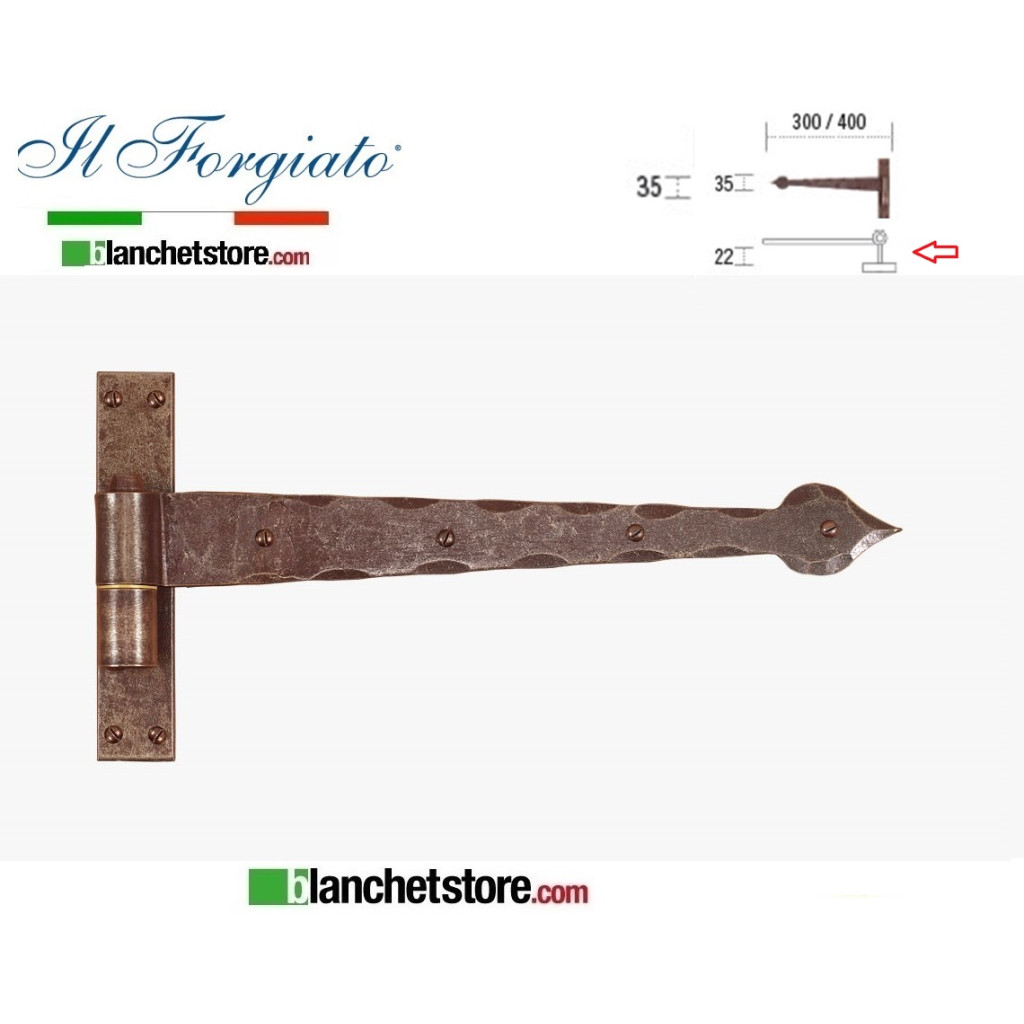 Bandella forgiata lanceolata con cardine a legno Il Forgiato invecchiato FF 277.30 Ruggine spina d.14  35x300mm H.22