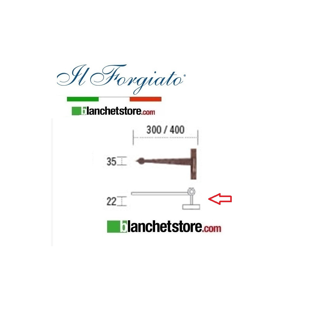 Bandella forgiata lanceolata con cardine a legno Il Forgiato invecchiato FF 277.30 Ruggine spina d.14  35x300mm H.22
