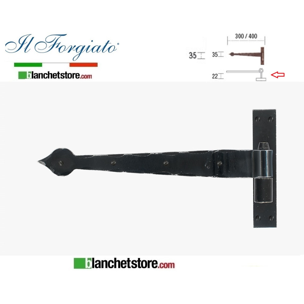 Bandella forgiata lanceolata con cardine a legno Il Forgiato invecchiato FF 277.30 Nero spina d.14  35x300mm H.22