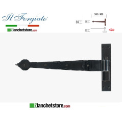 Bandella forgiata lanceolata con cardine a legno Il Forgiato invecchiato FF 277.40 Nero spina d.14  35x400mm H.22