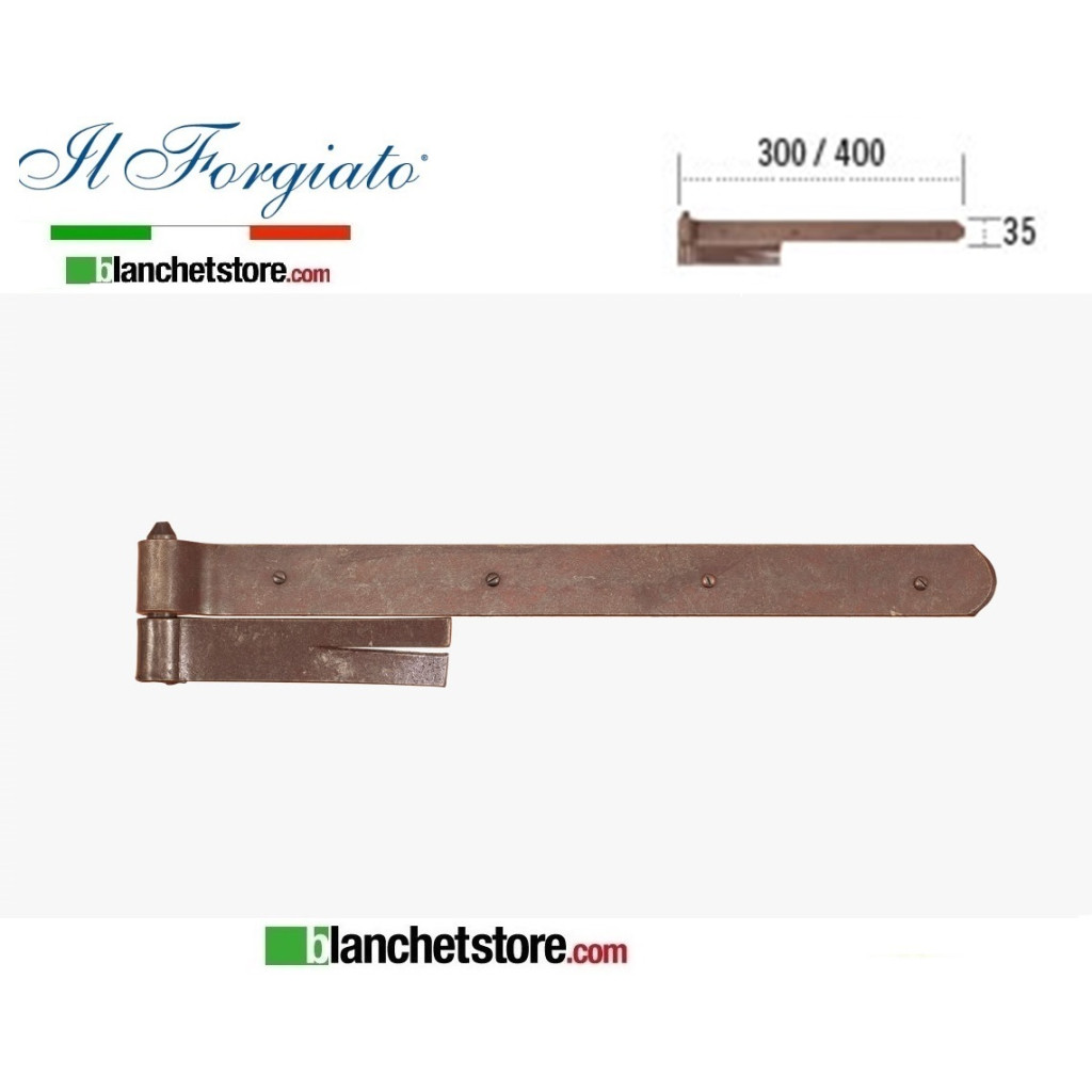 Bandella forgiata in ferro con cardine a muro Il Forgiato invecchiato FF 039.30 Ruggine spina d.14  35x300mm