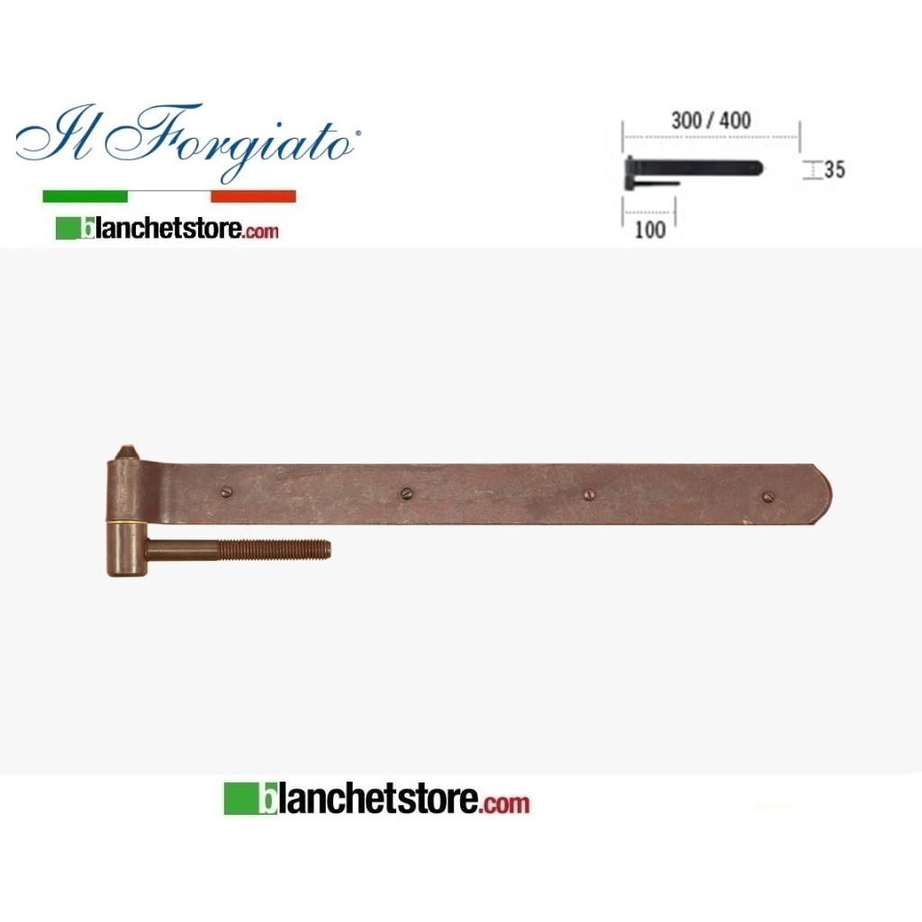 Forged hinge with screws in steel La Forgée aged FF 039.40V Rusty Pin d.14 35x400mm