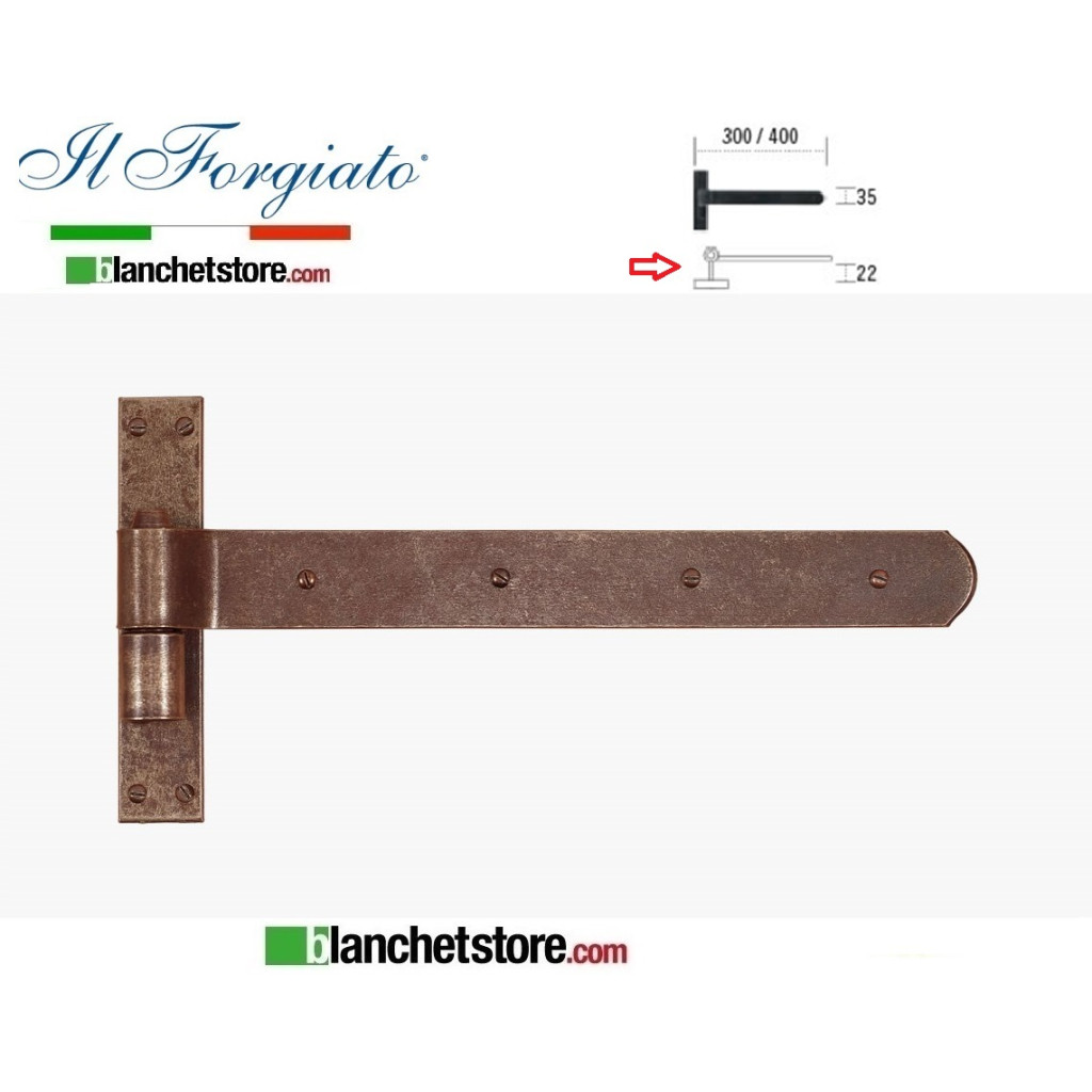 Bandella forgiata in ferro con cardine a legno Il Forgiato invecchiato FF 029.30 Ruggine spina d.14  35x300mm  H.22