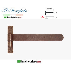 Bandella forgiata in ferro con cardine a legno Il Forgiato invecchiato FF 029.40 Ruggine spina d.14  35x400mm  H.22
