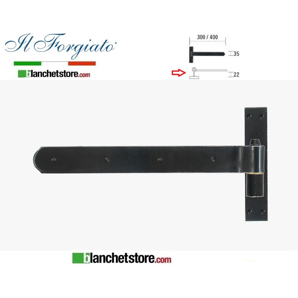 Bandella forgiata in ferro con cardine a legno Il Forgiato invecchiato FF 029.30 Nero spina d.14  35x300mm  H.22
