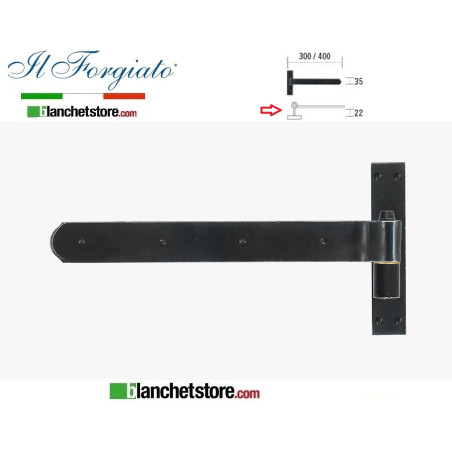 Bandella forgiata in ferro con cardine a legno Il Forgiato invecchiato FF 029.40 Nero spina d.14  35x400mm  H.22