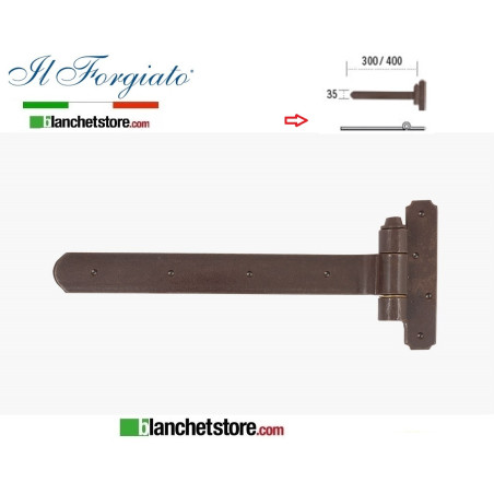 Flat forged iron band with wooden hinge The aged forged FF 029.40.FT Rust pin d.14 35x400mm