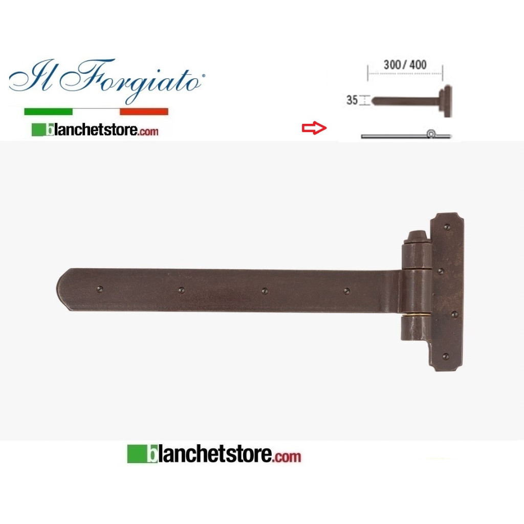 Flat forged iron band with wooden hinge The aged forged FF 029.40.FT Rust pin d.14 35x400mm