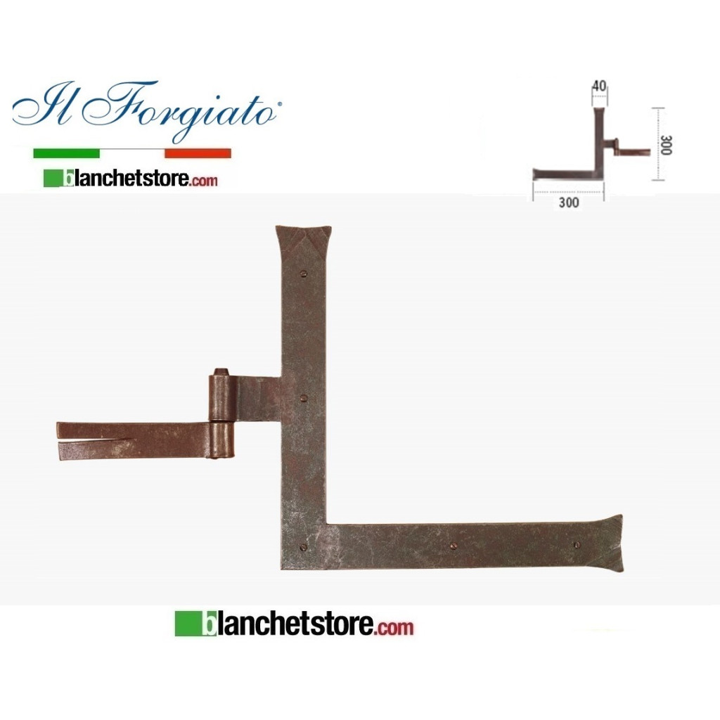 Bandella "L" forgiata con cardine a muro Il Forgiato invecchiato FF 258.SX Ruggine spina d.14  40x300x300mm