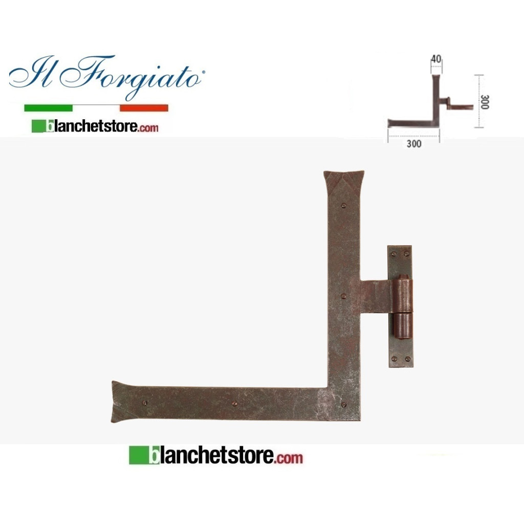 Forged "L" hinge with wooden hinge The Forged aged FF 259.DX Rust pin d.14 40x300x300mm