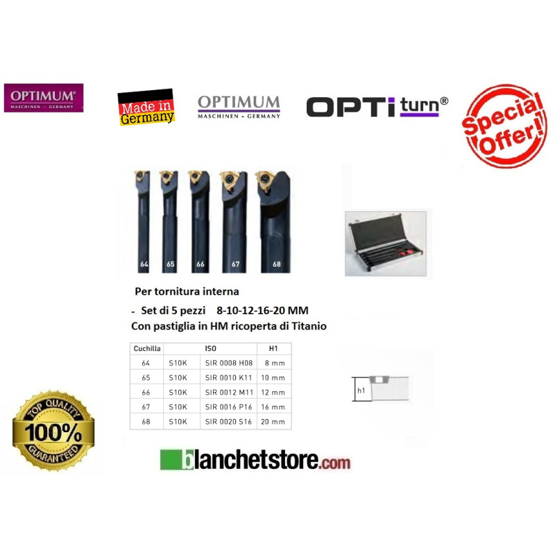 KIT SET 5 UTENSILI INTERNI DA TORNIO OPTIMUM MD 8-10-12-16-20 MM