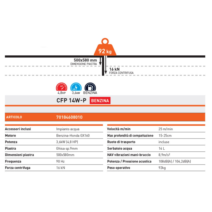 Piastra vibrante clipper CFP 14W Honda GX160 500x580 92Kg